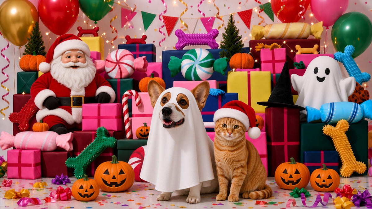 Santa figure, dog in a white ghost costume, orange cat in a Santa hat, floor pumpkins, and a Halloween ghost at a Christmas and Halloween gift party