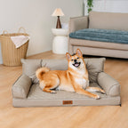 PawLab faux leather orthopedic pet sofa bed, taupe grey, with a dog