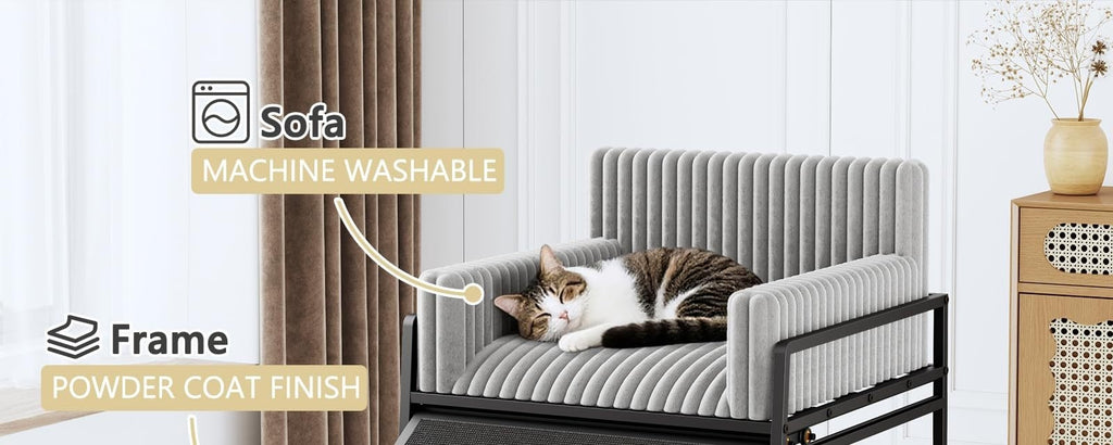 Elevated pet sofa features: machine-washable cushion and powder-coated frame
