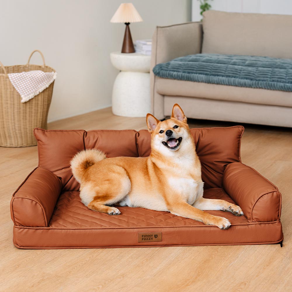 PawLab faux leather orthopedic pet sofa bed in cognac brown