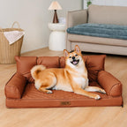 PawLab faux leather orthopedic pet sofa bed in cognac brown