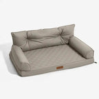 Taupe grey faux leather orthopedic pet sofa bed, front view