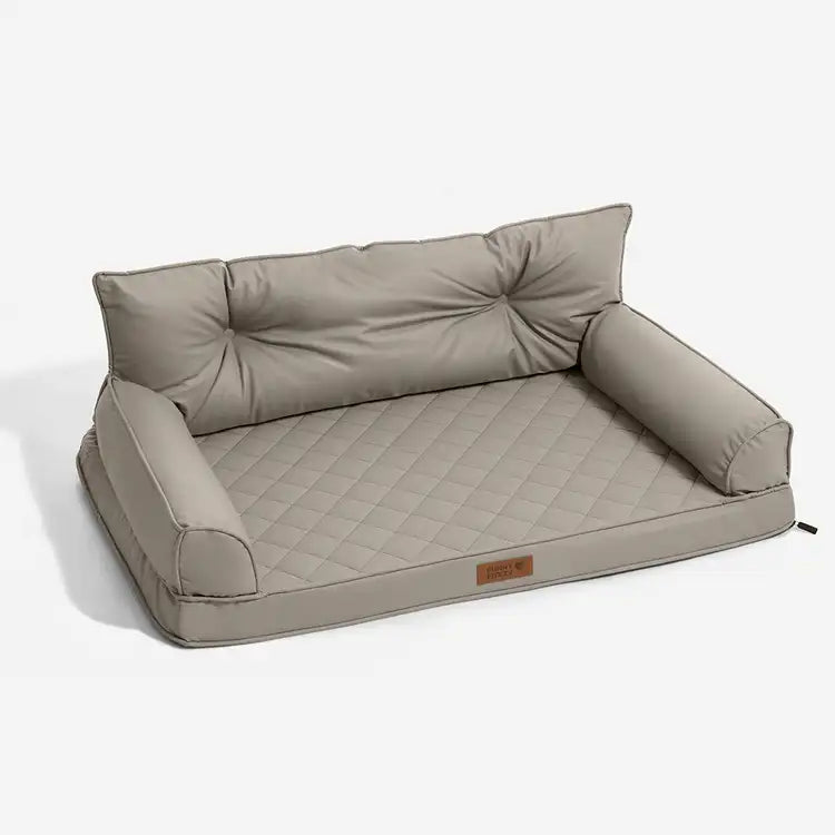 Taupe grey faux leather orthopedic pet sofa bed, front view