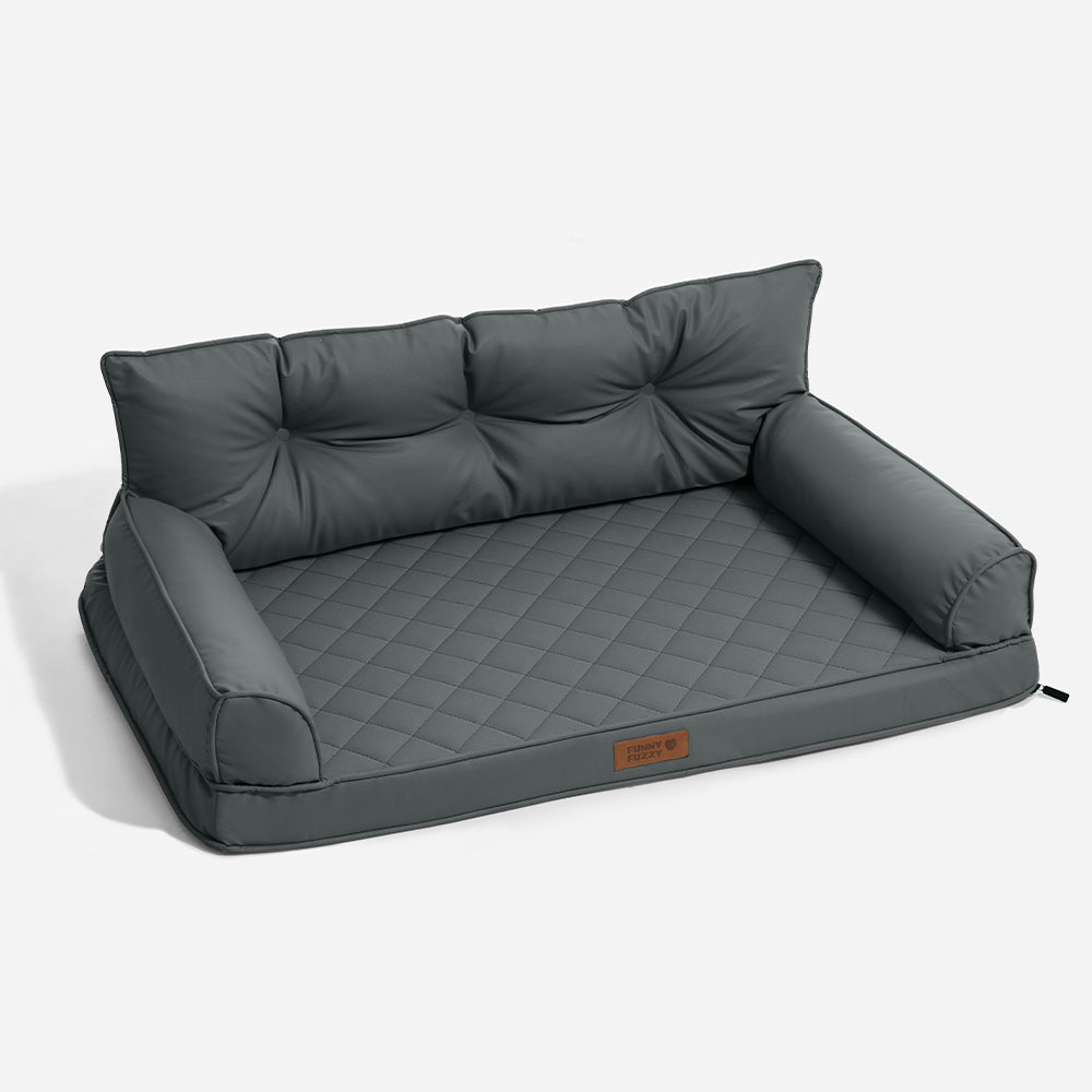 Abyss blue faux leather orthopedic pet sofa bed, studio view