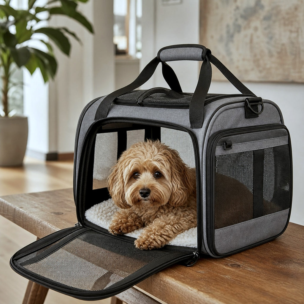 Cat carrier open on bench — home use