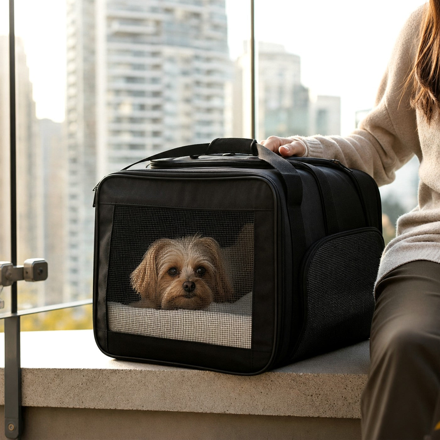 Cat carrier on balcony — urban travel