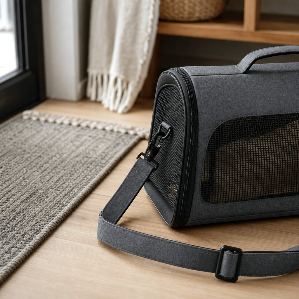 Cat carrier strap and mesh detail — home