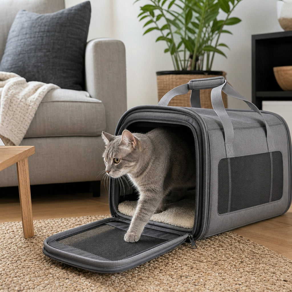 Cat stepping into breathable carrier — lifestyle