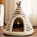 Brown knit tent cat nest in warm home setting — PawLab