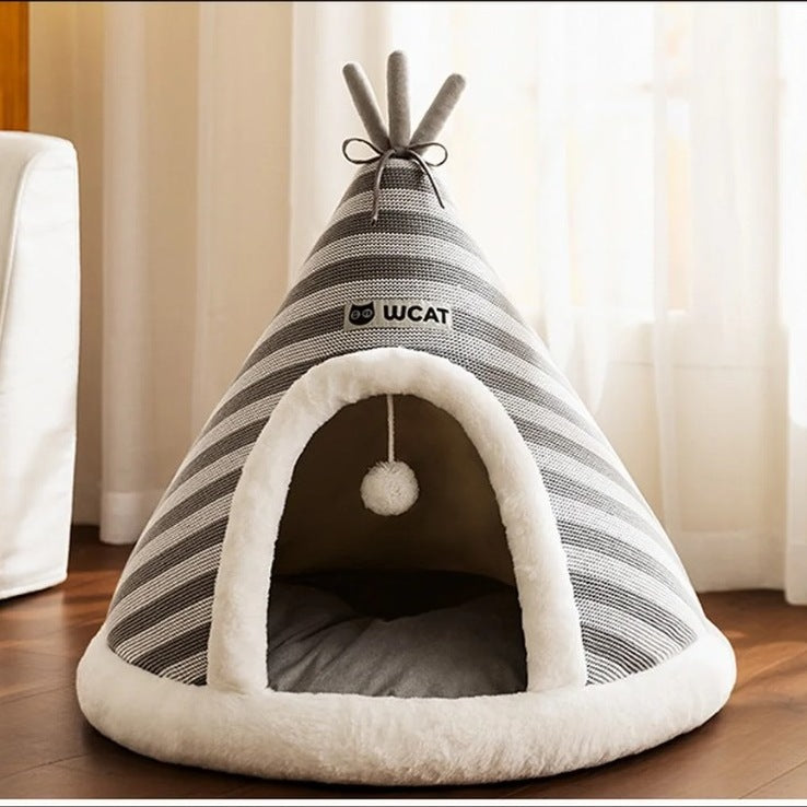 Grey knit tent cat nest in warm home setting — PawLab