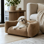 Tan pet sofa bed with dog in living room