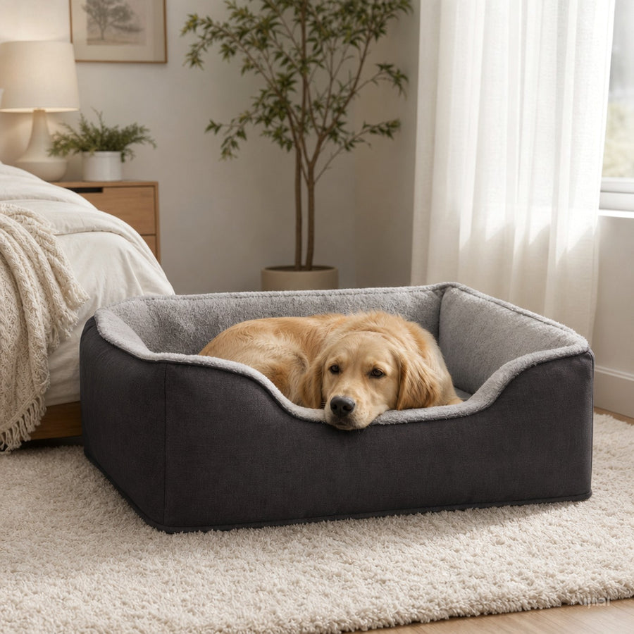 Square pet bed on rug in bedroom — usage