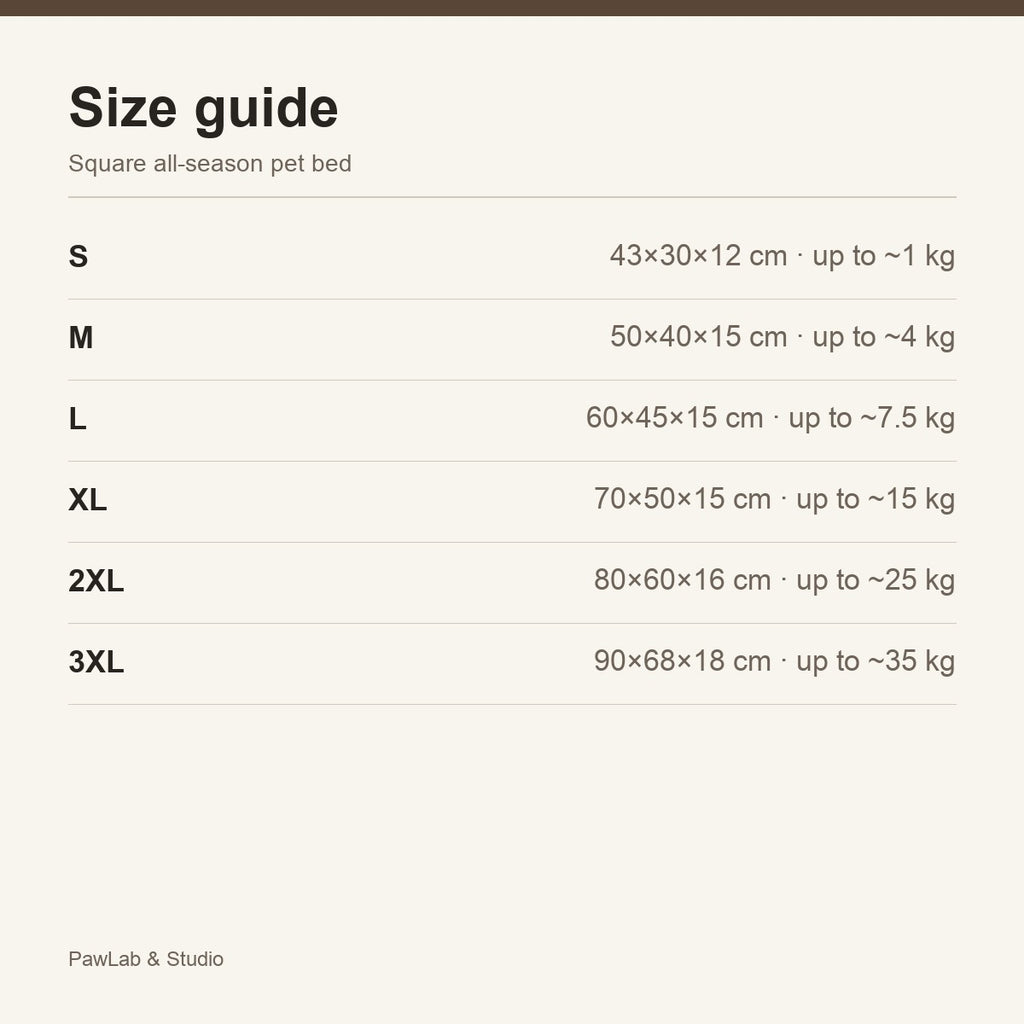 Size guide — S to 3XL square bed — PawLab