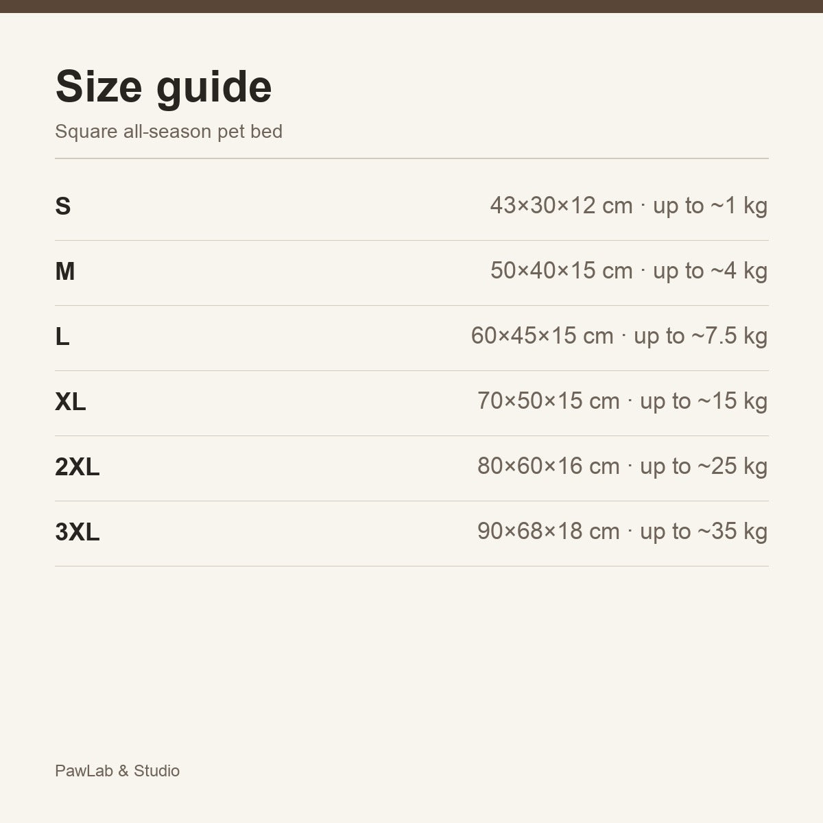 Size guide — S to 3XL square bed — PawLab