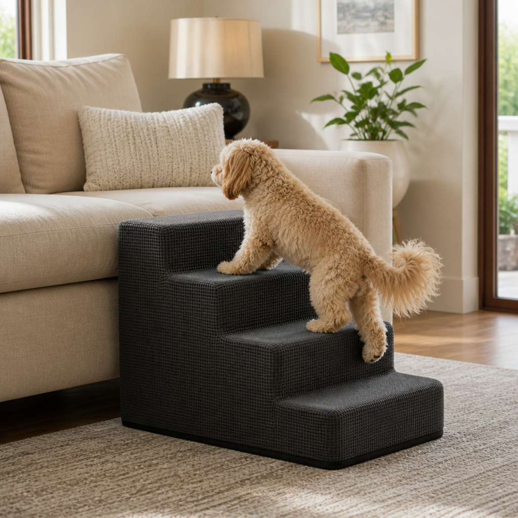 Charcoal 4-Step pet stairs with dog — PawLab