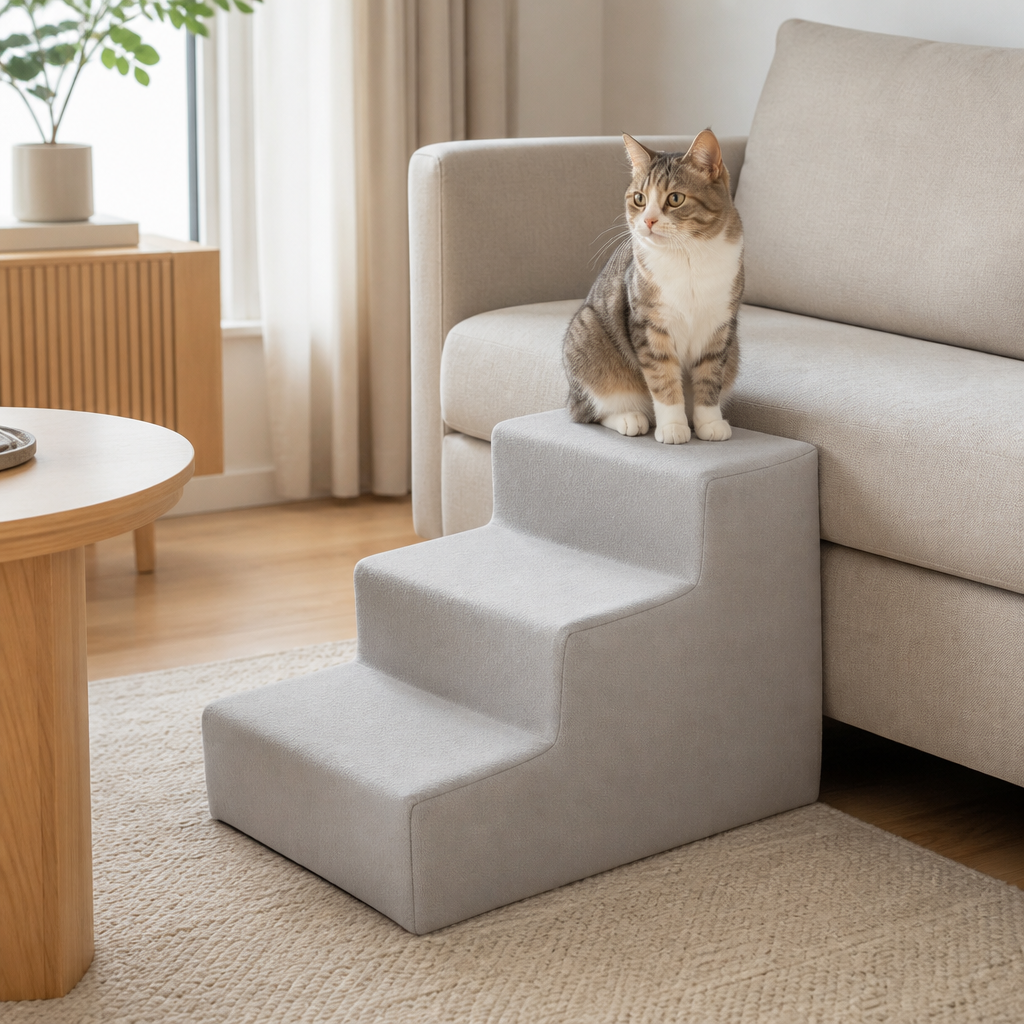 Mist Grey washable pet stairs with cat — PawLab