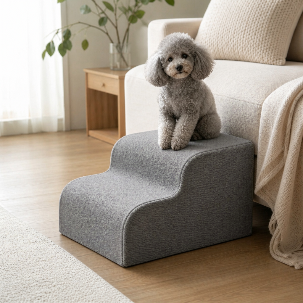 Smoke Grey 2-Step pet stairs with dog — PawLab