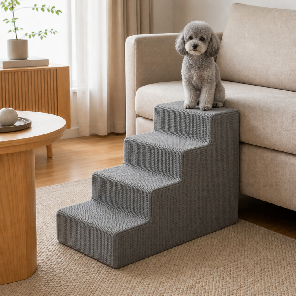 Smoke Grey 4-Step pet stairs with dog — PawLab