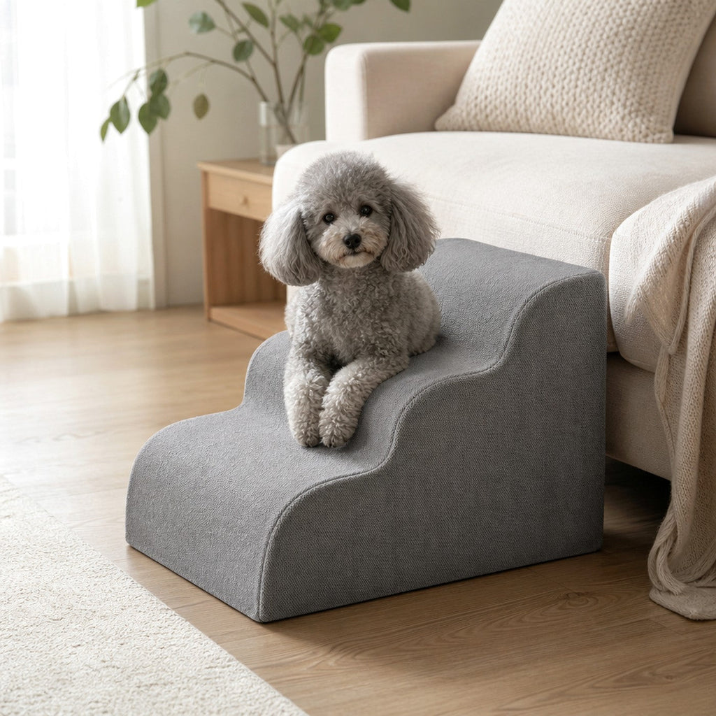 Smoke Grey washable pet stairs with dog — PawLab