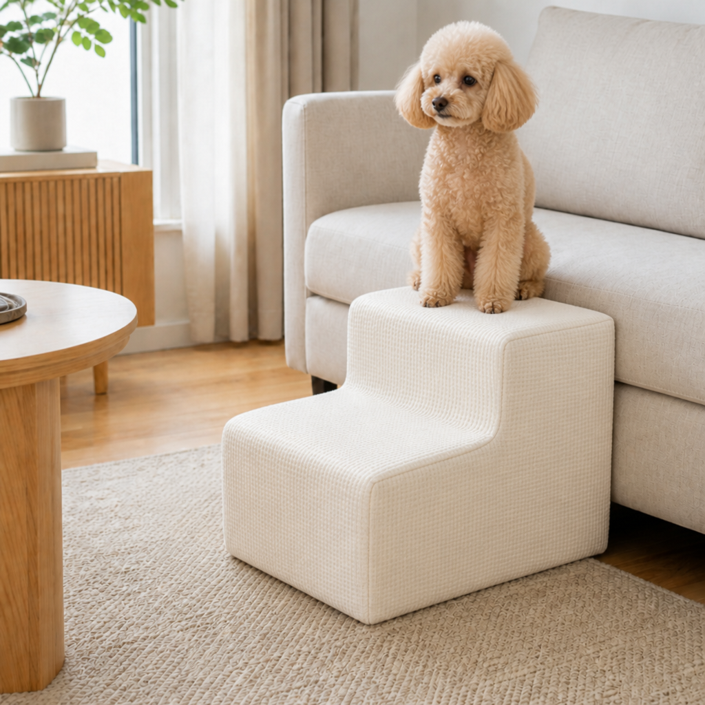 Soft White 2-Step pet stairs with dog — PawLab