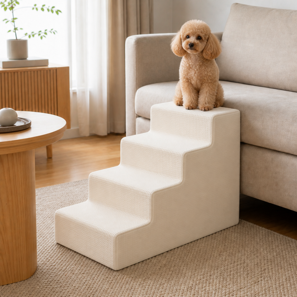 Soft White 4-Step pet stairs with dog — PawLab