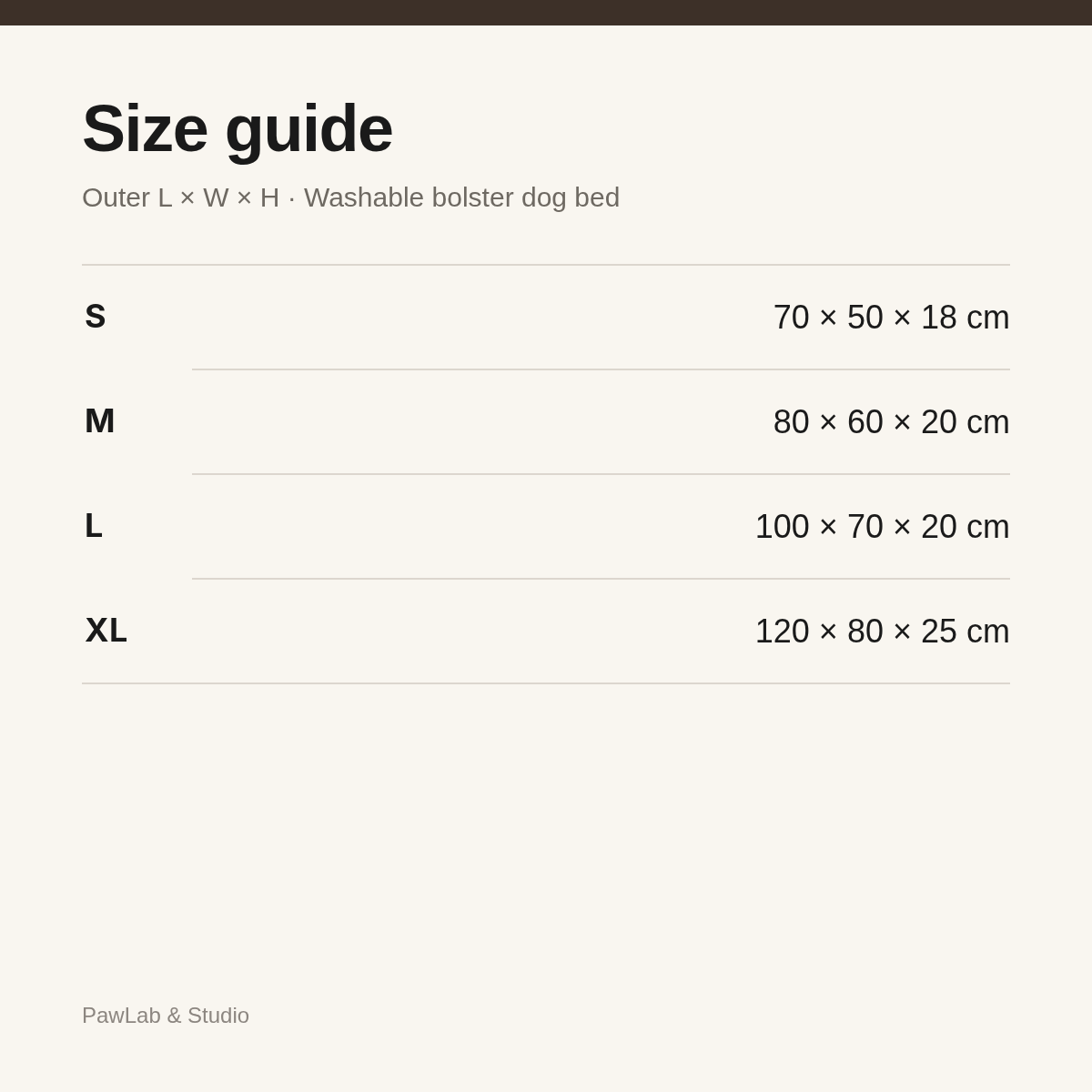 Size guide — S/M/L/XL bolster dog bed (outer L×W×H) — PawLab