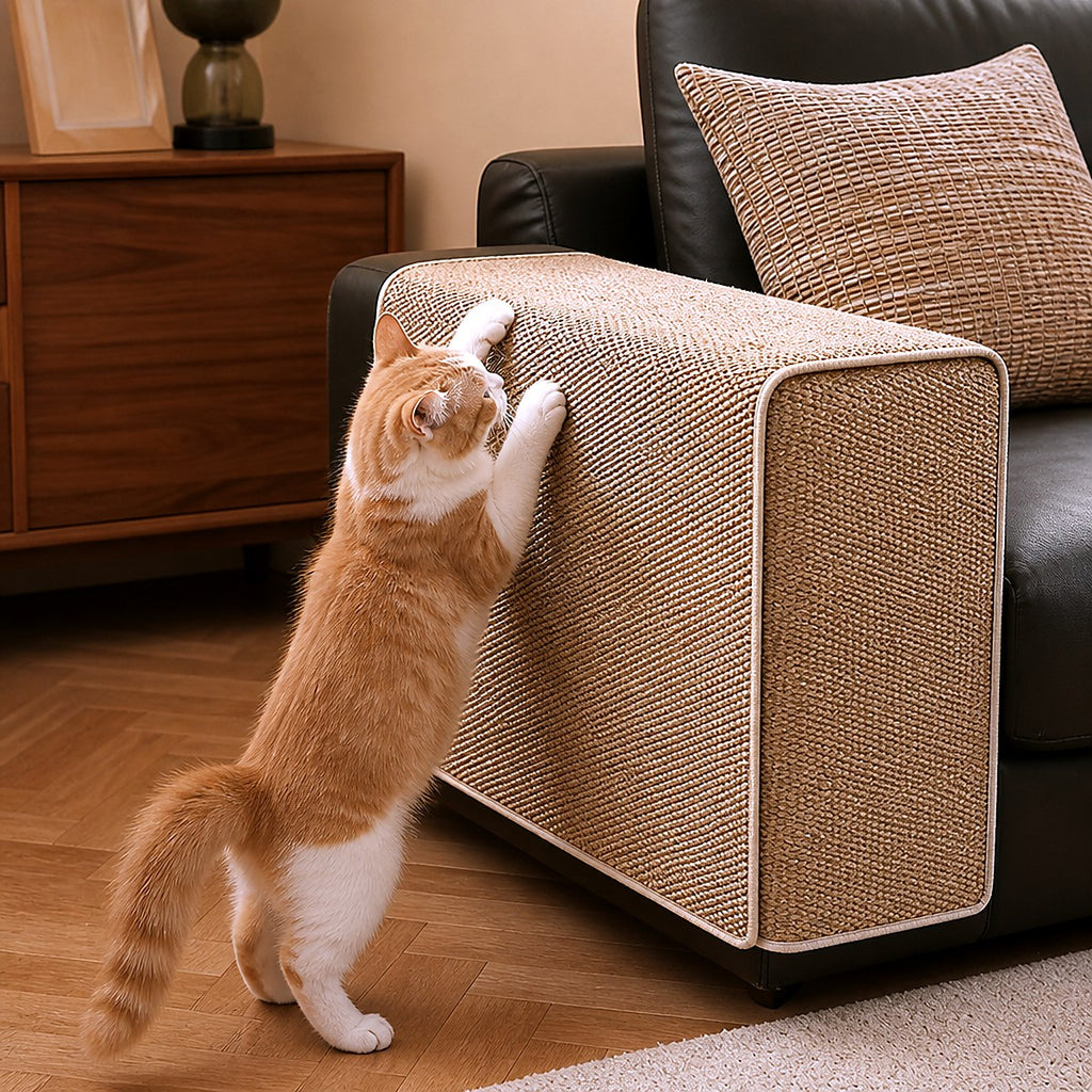 Sisal armrest protector with cat — lifestyle