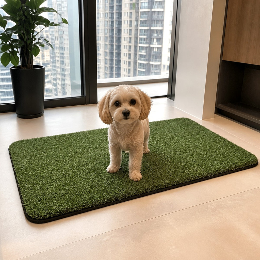 Small dog on grass potty mat — scale — PawLab
