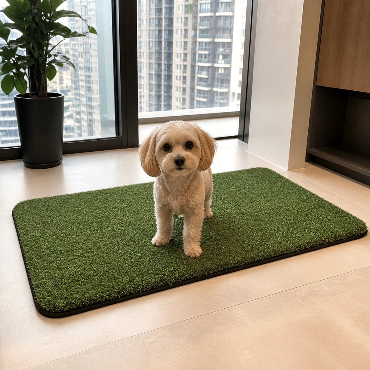 Small dog on grass potty mat — scale — PawLab