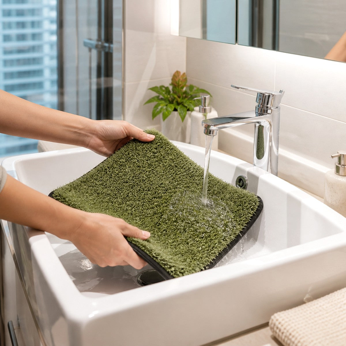 Rinsing washable grass potty mat — PawLab
