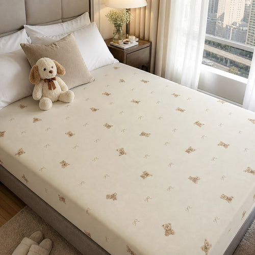 Ivory cartoon waterproof pet bed sheet on bed — PawLab lifestyle
