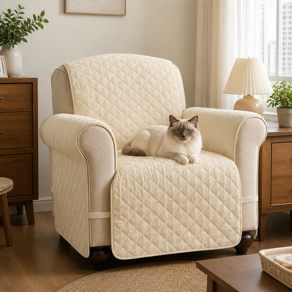 Beige quilted armchair protector with cat — PawLab