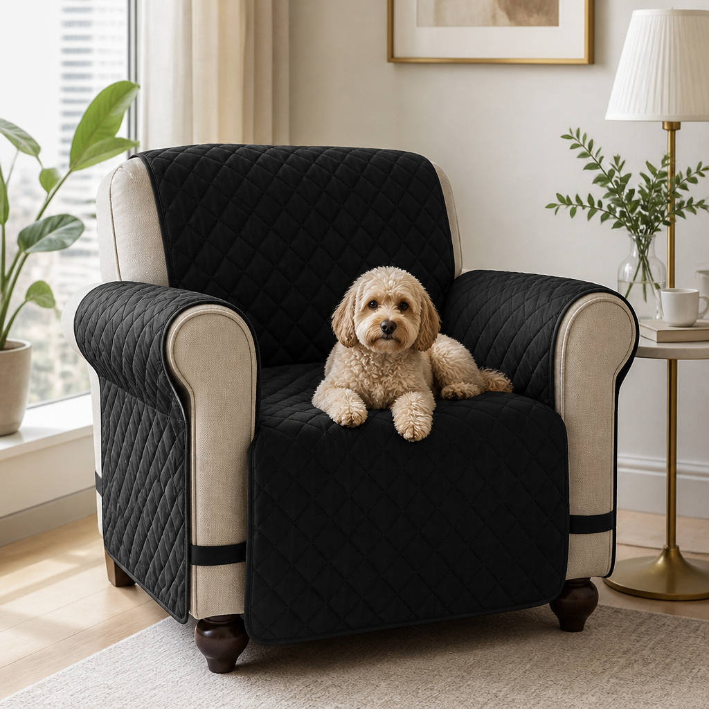 Black quilted armchair protector with pet — PawLab