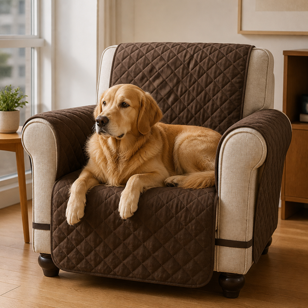 Coffee quilted armchair protector with dog — PawLab
