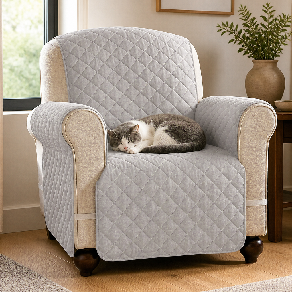 Grey quilted armchair protector with pet — PawLab