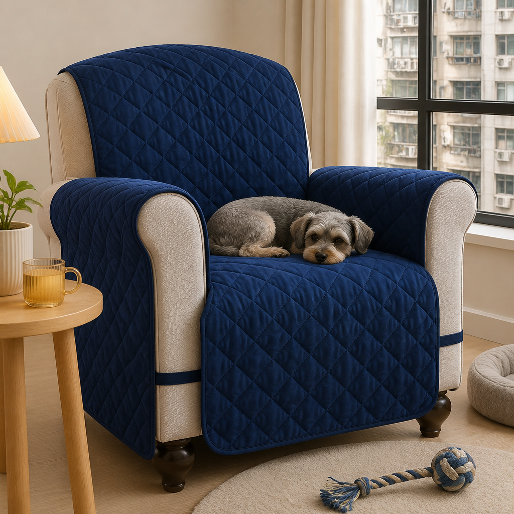 Navy quilted armchair protector with dog — PawLab