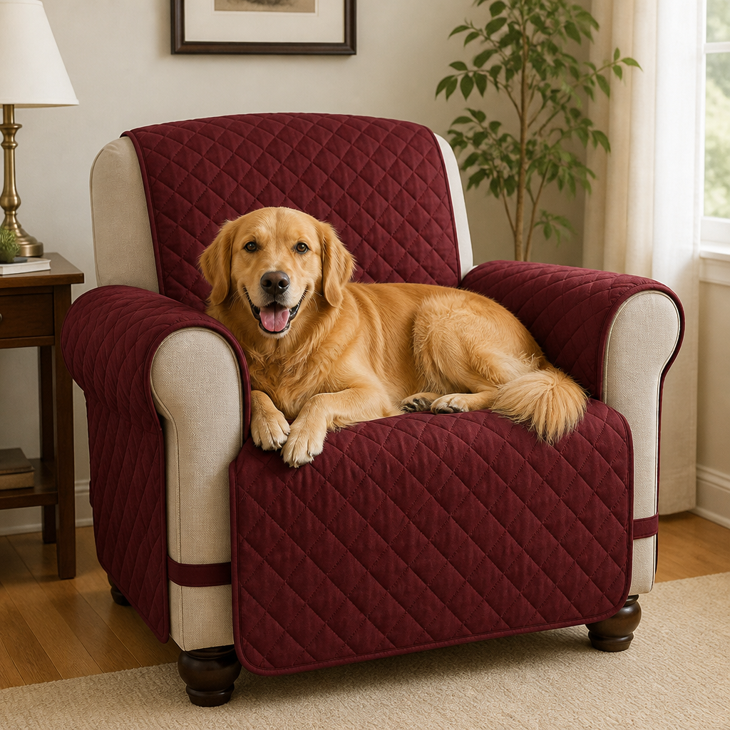 Wine quilted armchair protector with dog — PawLab