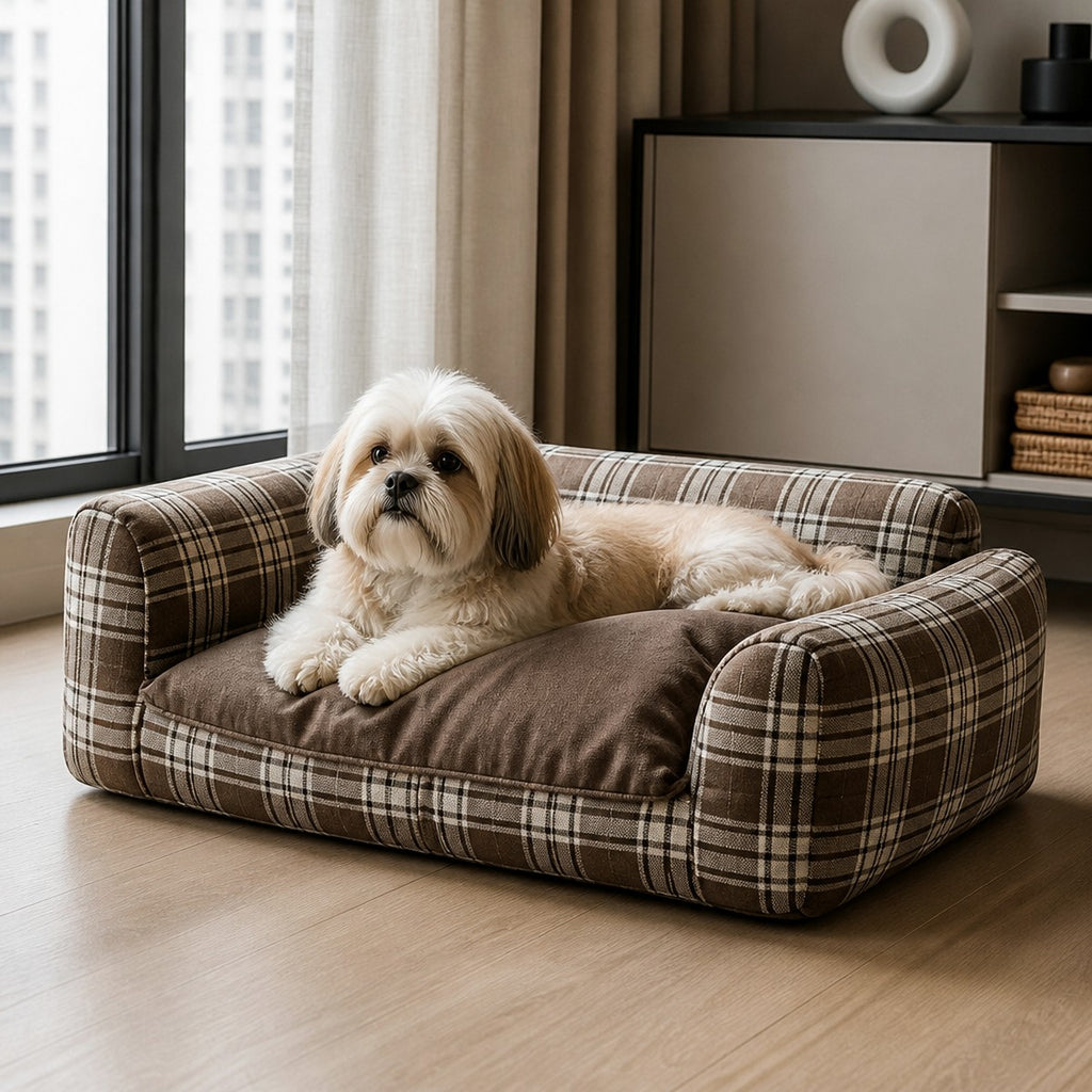 Washable Plaid Sofa Pet Bed — w4-01-01-hero — PawLab lifestyle