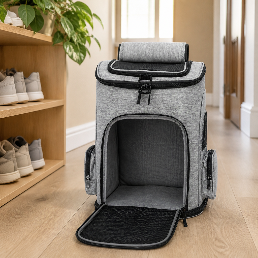 Front unzipped — grey backpack — PawLab