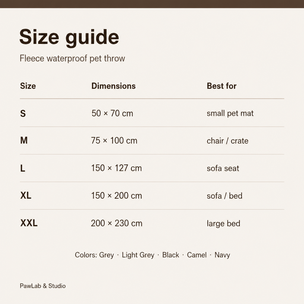 Size guide — S to XXL fleece throw — PawLab