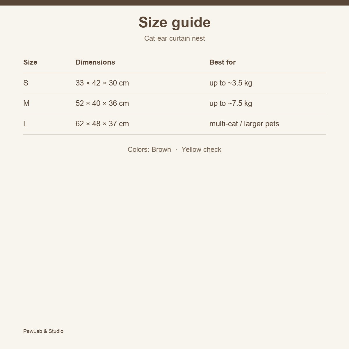 Size guide — S M L cat-ear curtain nest — PawLab
