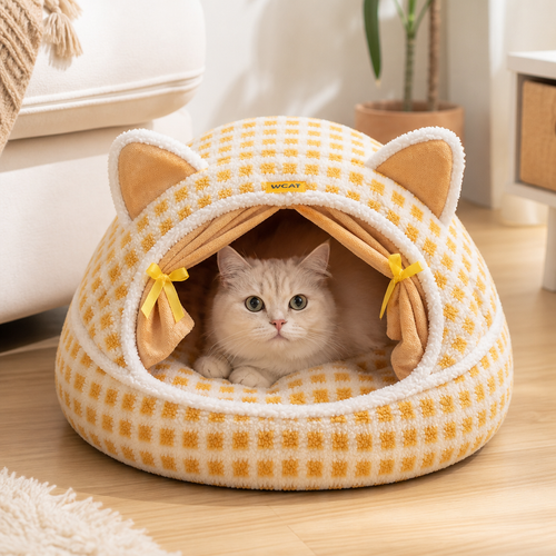 Yellow check — cat-ear curtain nest — PawLab