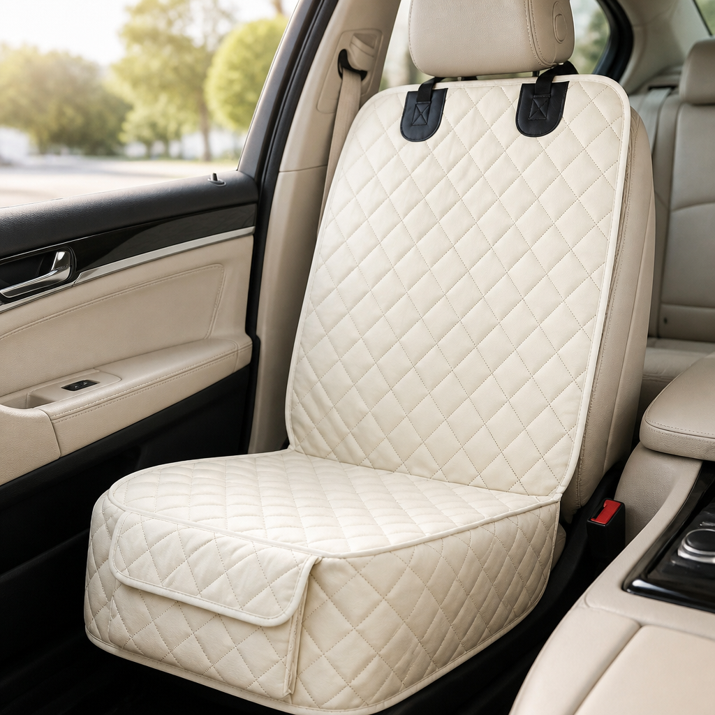 Beige White diamond-quilted front-seat pad installed — PawLab
