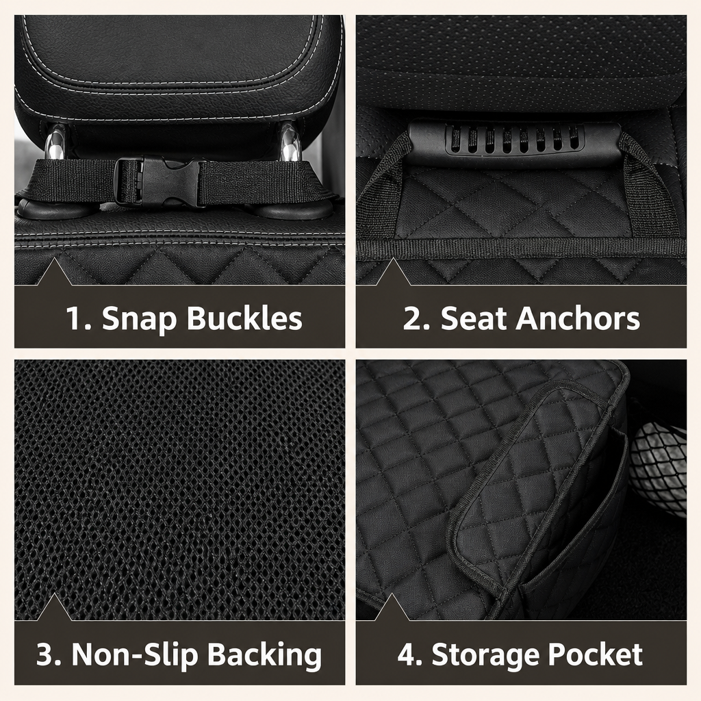 Snap buckles, seat anchors, non-slip backing, storage pocket — PawLab