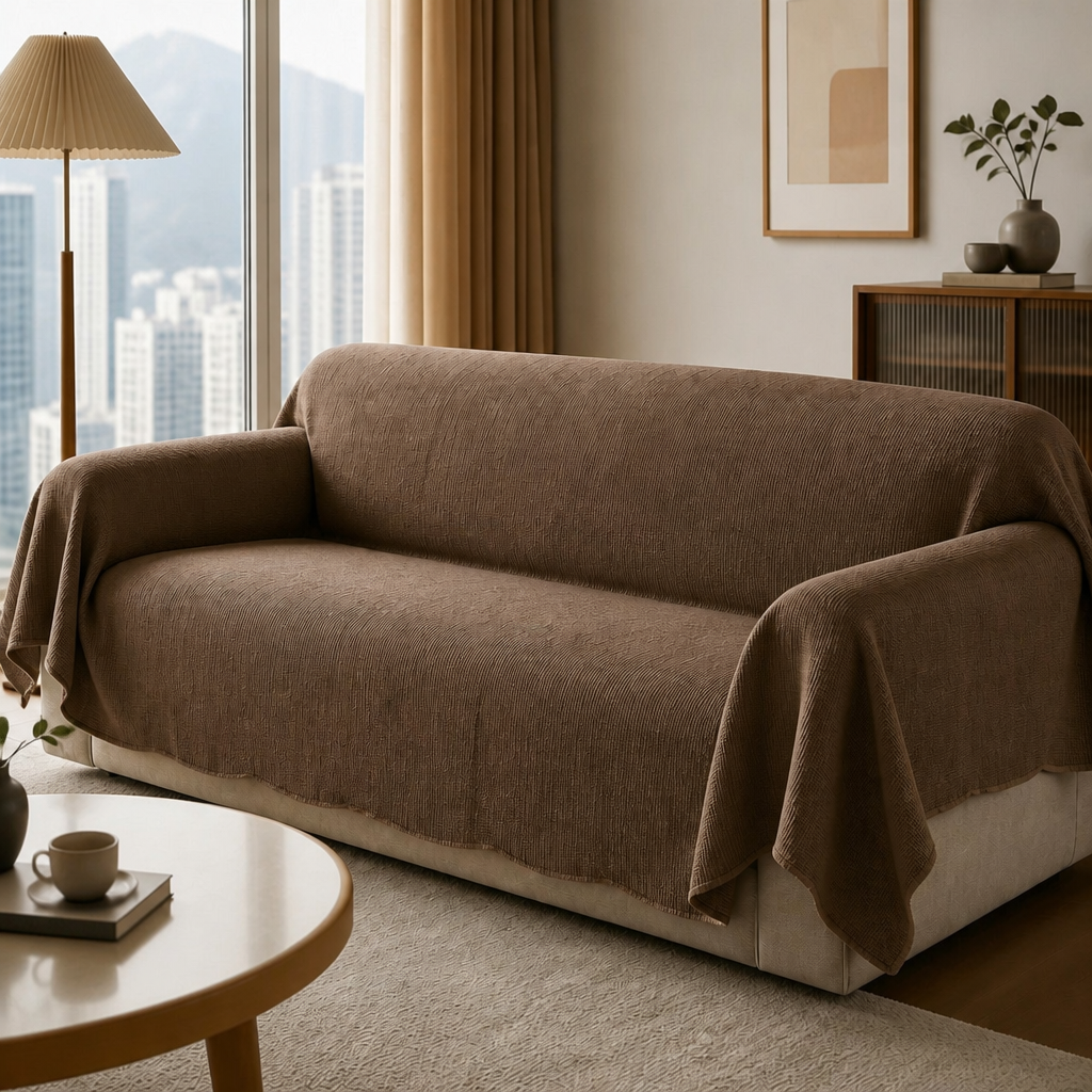 Solid One-Piece Sofa Protector — Coffee — warm lifestyle