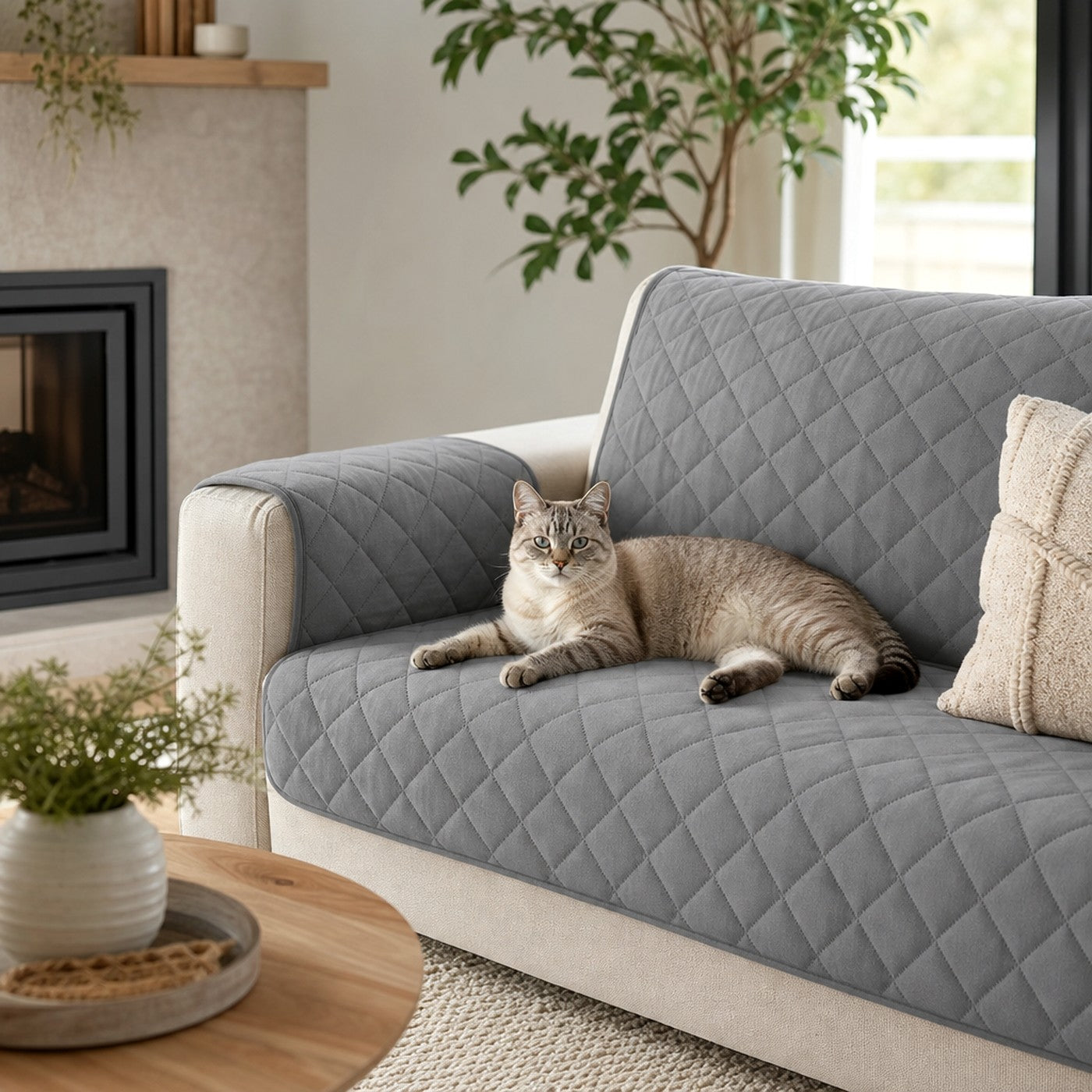 Sofa protector with cat lounging — lifestyle