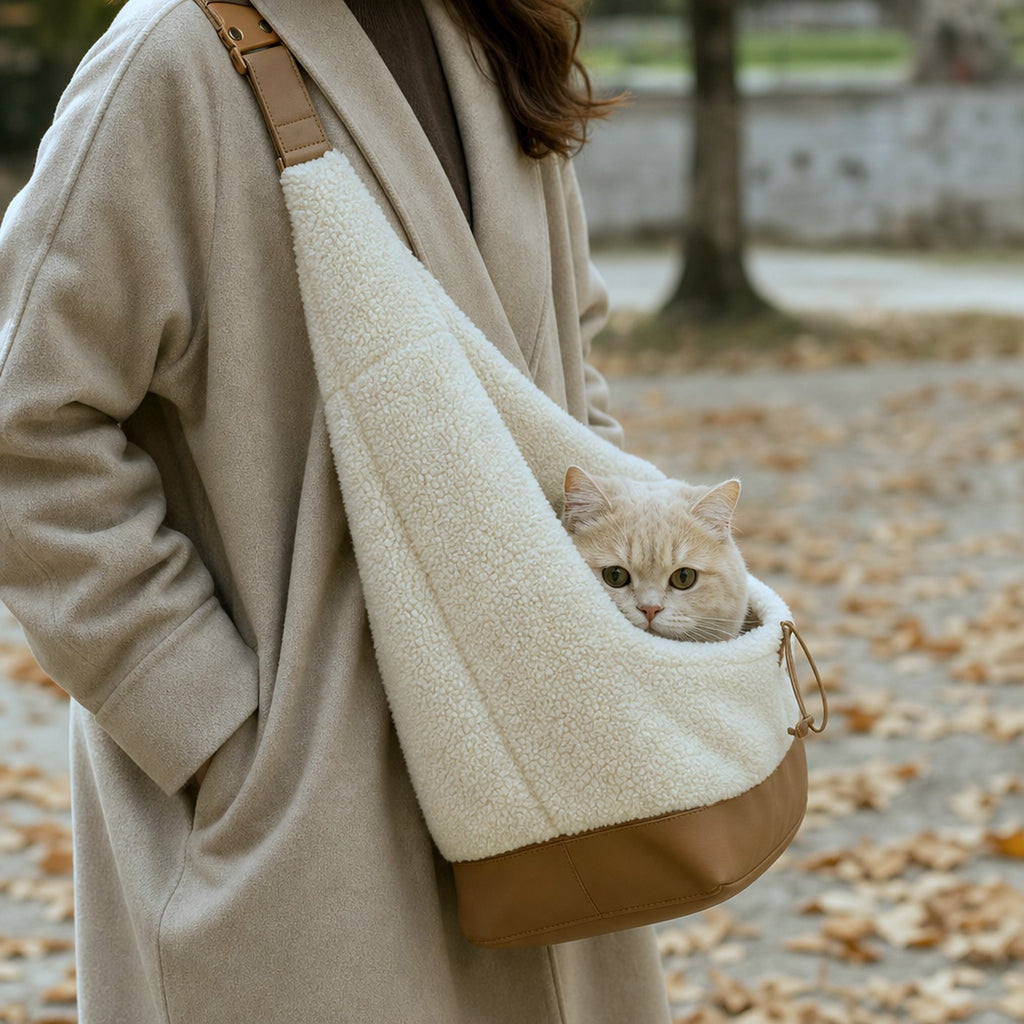Winter fleece sling carrier outdoors with cat — usage