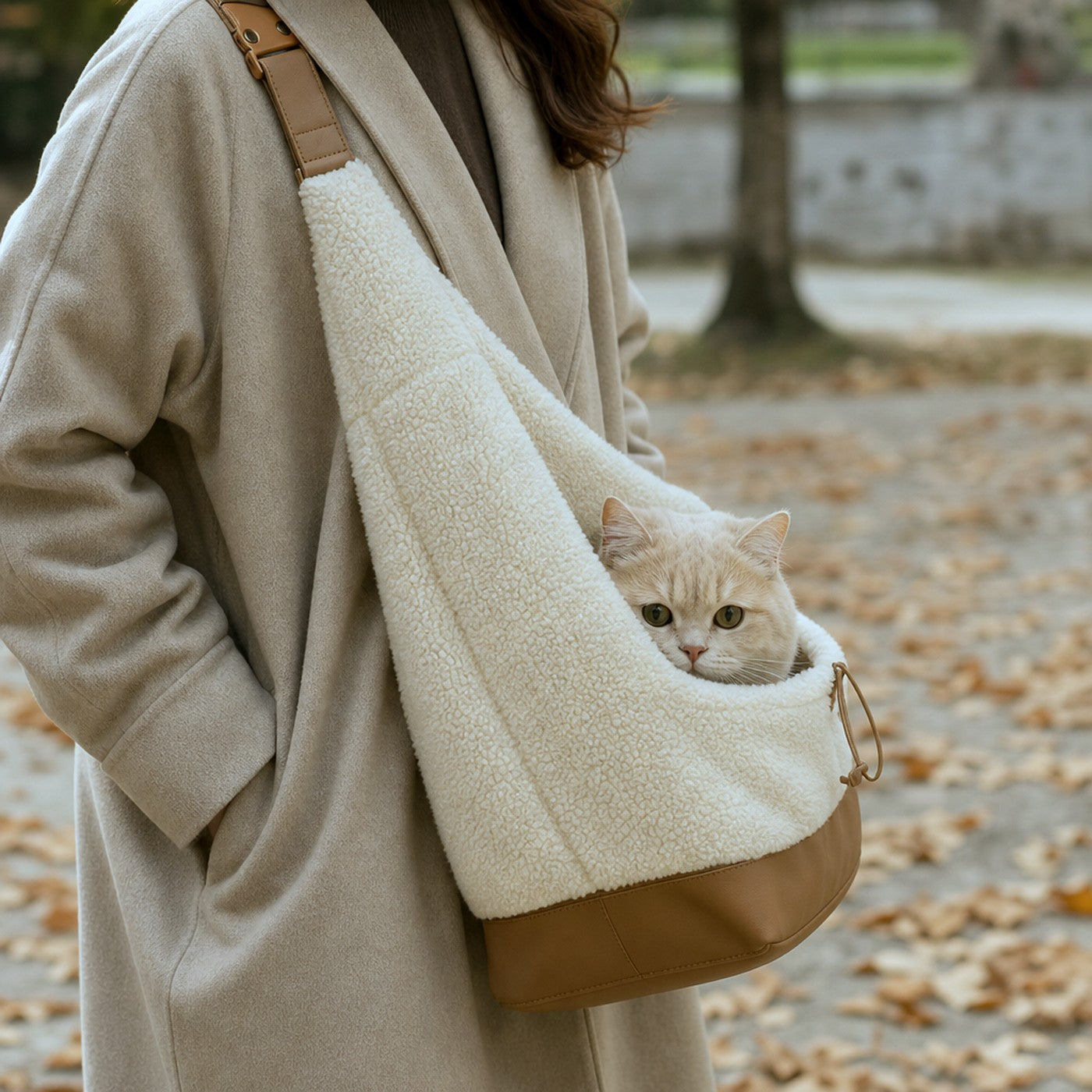 Winter fleece sling carrier outdoors with cat — usage