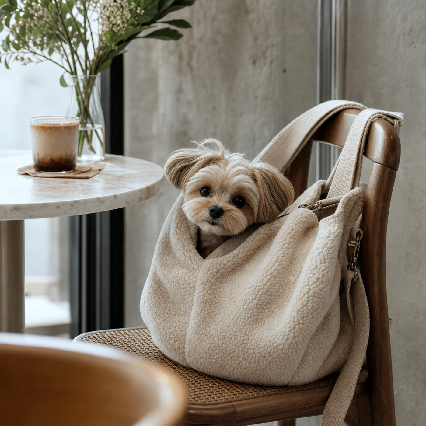 Sherpa sling carrier at cafe with dog — lifestyle